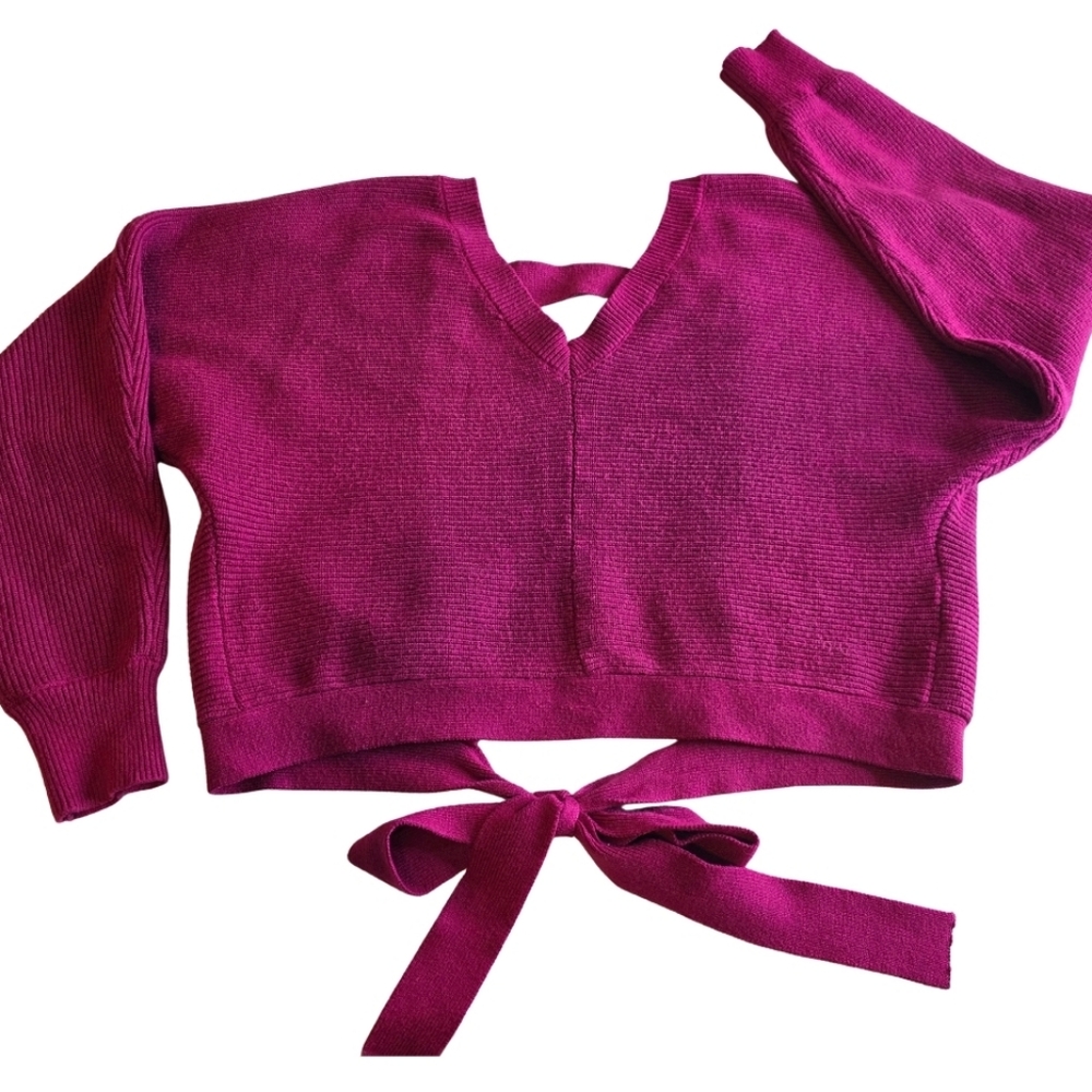 Pink Rose Backless Sz L V-Neck Sweater in Deep Pink Tied W/Bow By-3188